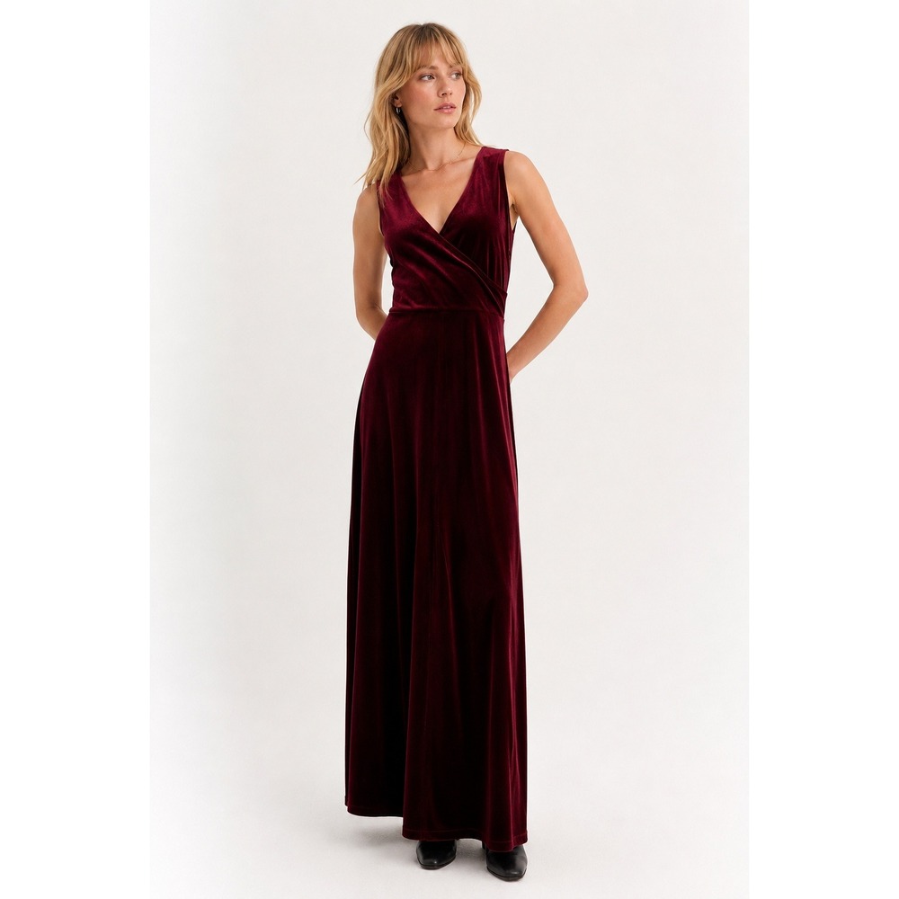 Lulus Maxi Dress Women L Burgundy Velvet Sleeveless Side Slit wedding holiday